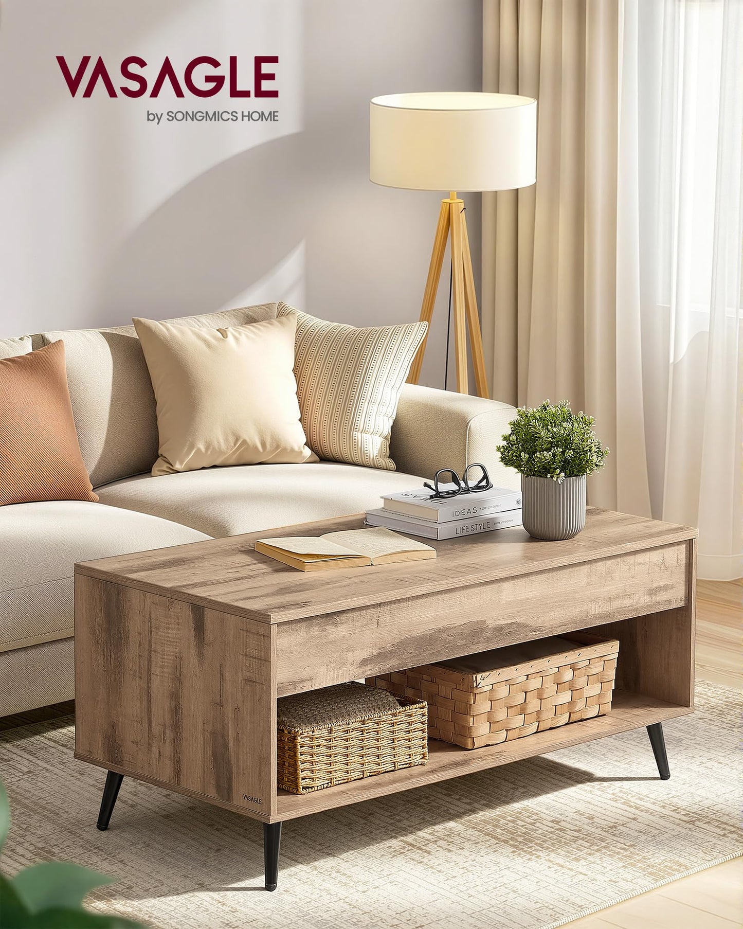 VASAGLE Lift Top Coffee Table, Lift Tabletop Dining Table, Gas Spring, Hidden Compartment, Open Storage Shelf, for Living Room, Home Office, Rustic Brown and Matte Black LCT267KD01