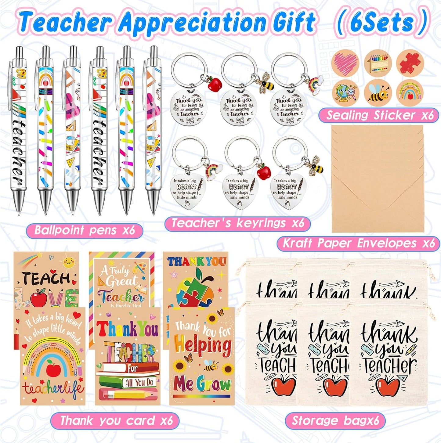 6Pack Teacher Appreciation Gifts Bulk,Teacher Gifts with Thank You Cards Keychain Ballpoint Pens Drawstring Bags, End of Year Gifts for Nursery,Mentor,Teachers,Teaching Assistant,.