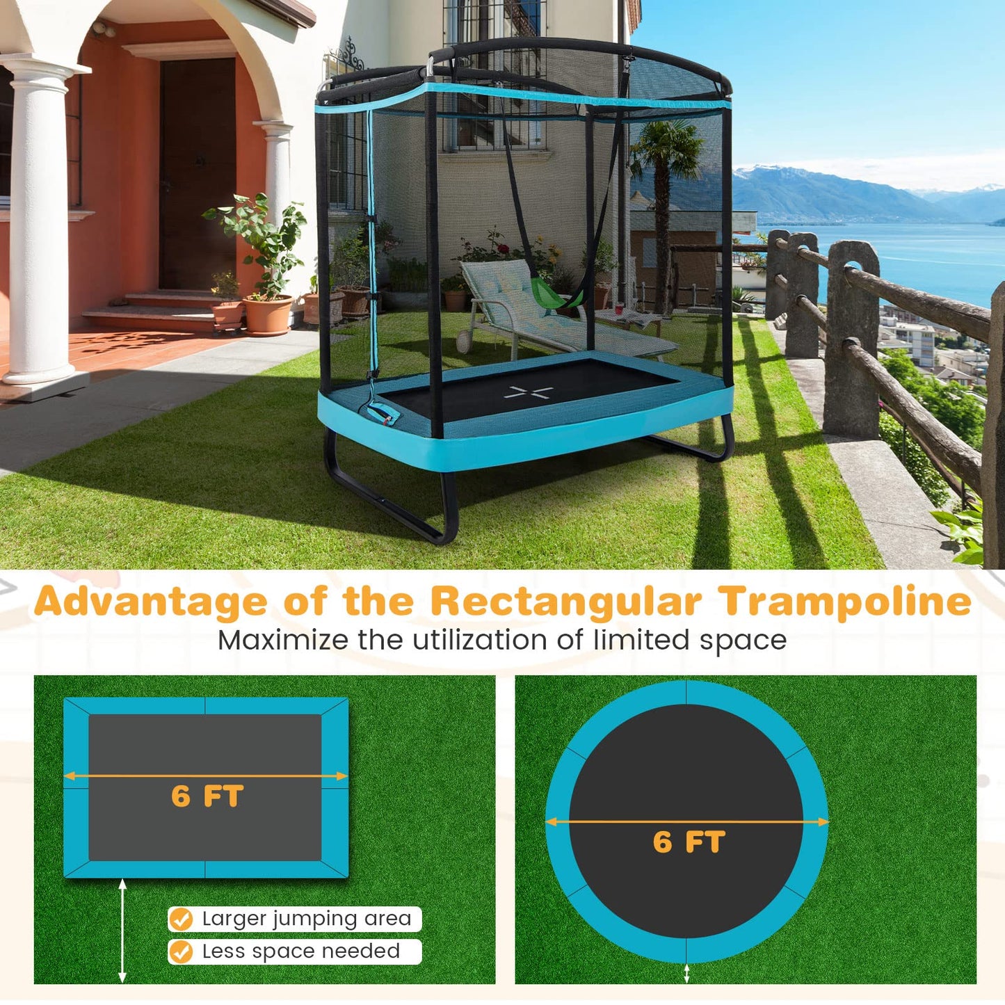 COSTWAY 6FT Kids Trampoline, 2 in 1 Toddler Trampolines with Swing and Enclosure Safety Net, Rectangle Trampoline for Outdoor