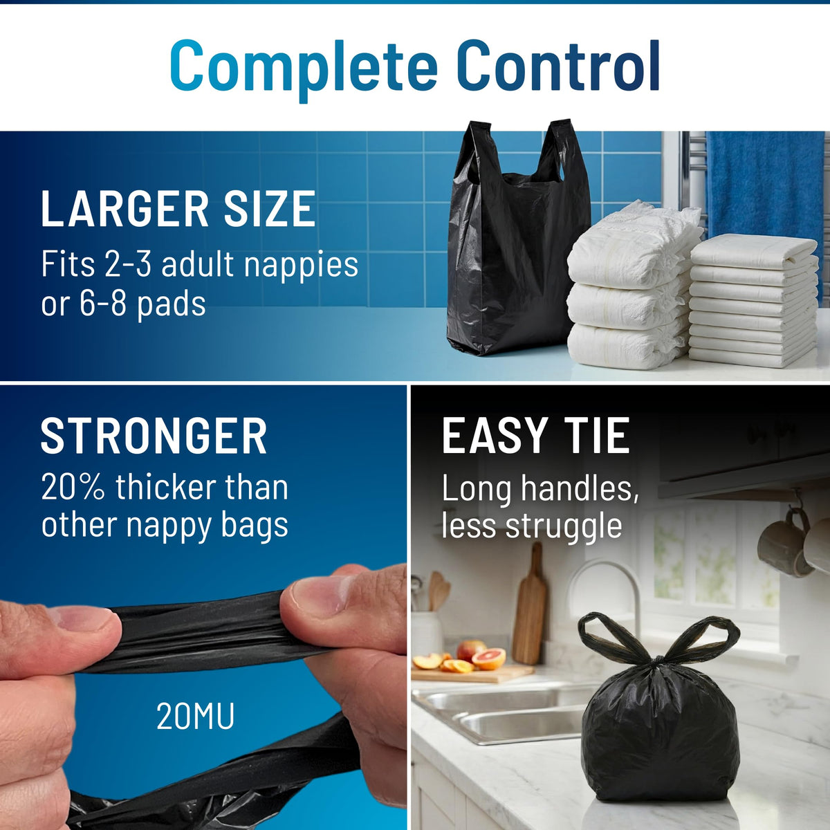 Adult Nappy Bags - 200 Pack, 20% Thicker Sacks, Easy Tie Handles, Odour Free, Discreet Black Plastic, Strong Sanitary Disposal Bag, Large Incontinence Pads
