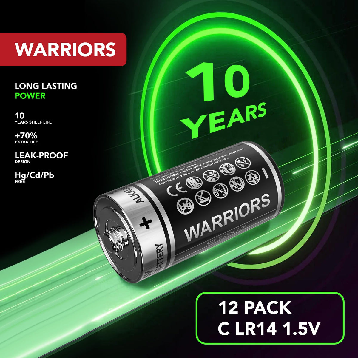 Warriors 2X 9V Alkaline Batteries, 6LR61, Long Lasting Power