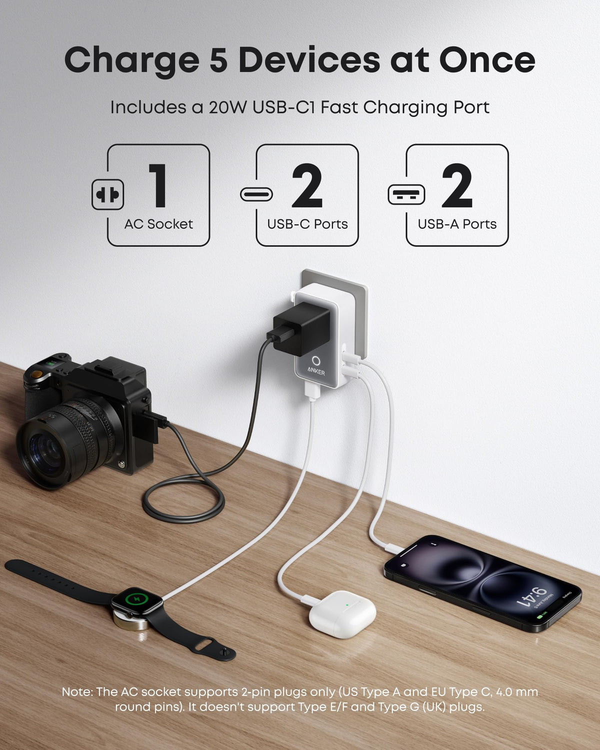 Anker Universal Travel Adapter 5-in-1 for UK/EU/US/AU, 20W USB-C + 4 USB Ports, Compact Power Plug Converter with AC Socket for 200+ Countries | Ideal for UK Travel & EU Expats (Black)