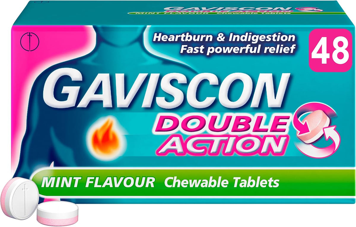 Gaviscon Double Action, Chewable tablets, Mint Flavour, flavour, 48 tablets, Heartburn & Indigestion, Fast powerful relief, Gets to work in minutes, Dual relief on the go, instant Relief
