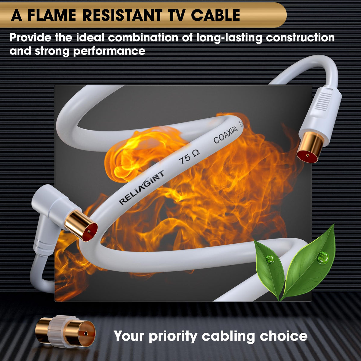 TV Aerial Cable 1m, 75 Ohm Coaxial Lead, IEC 9.5mm Male to Male 3C2V Pure Copper Dual Shielded, Right-Angle Connector, Female to Female Adaptor Included, Black