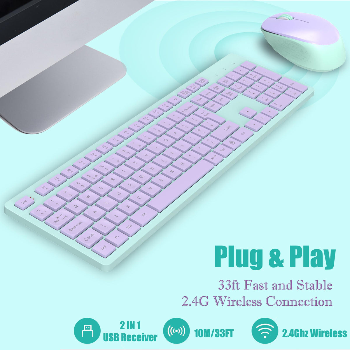 LeadsaiL Wireless Keyboard and Mouse Set, 2.4GHz USB Computer Keyboards and Mouse Combo, Full Size UK QWERTY Layout, Ergonomic Design with 12 Multimedia Shortcuts for HP/Lenovo Laptop and Mac-Purple