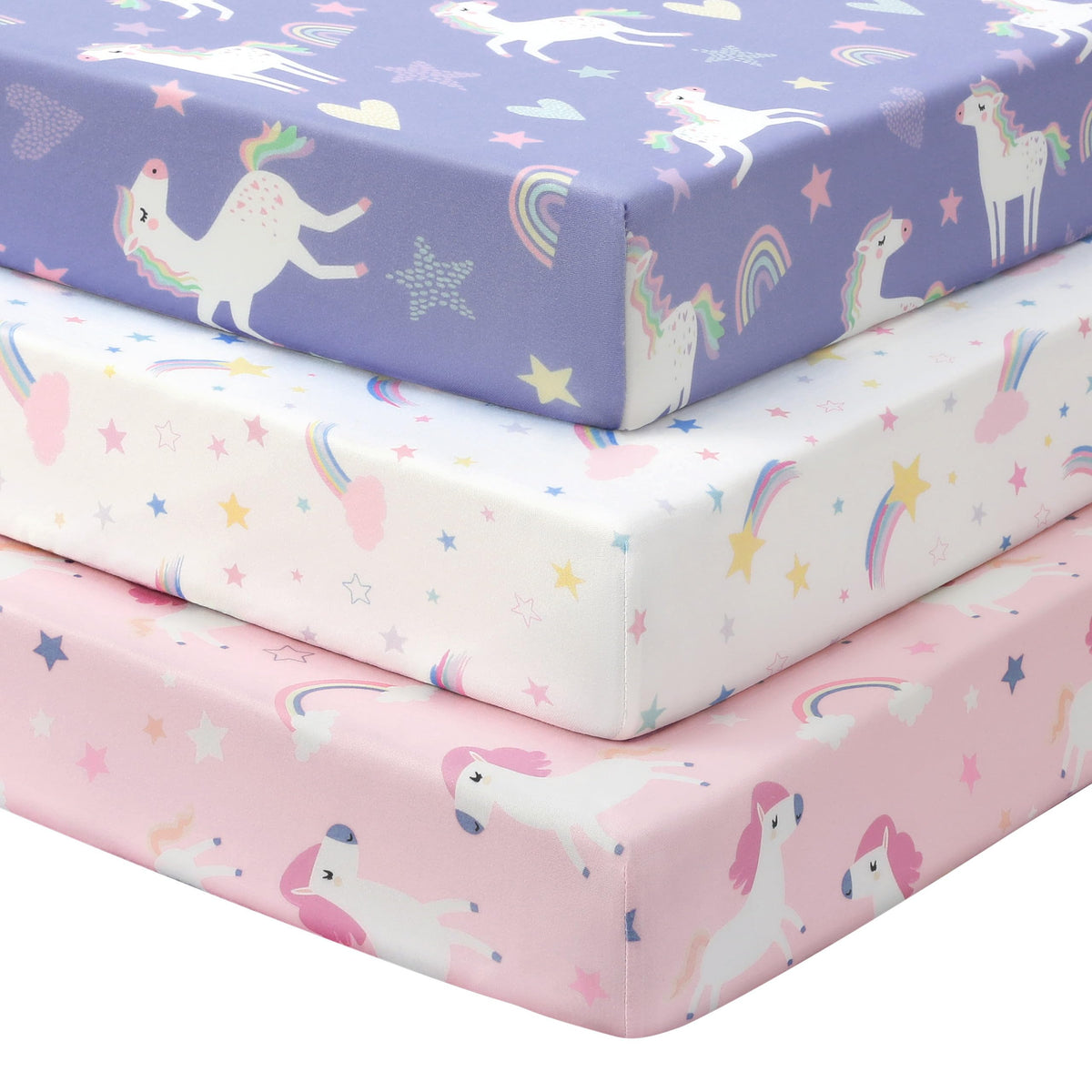 Cot Bed Sheets 140 x 70cm Fitted, 3 Pack Baby Cot Sheets, Ultra Soft & Silky Smooth Microfiber Toddler Bed Sheets Pink Rainbow