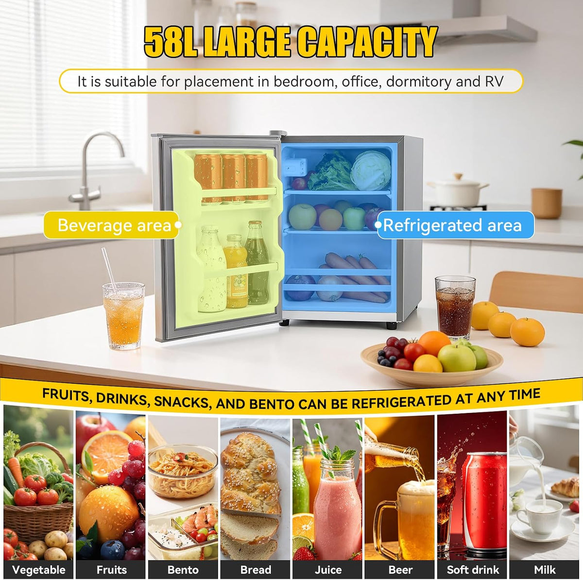 58L Table Top Mini Fridge, 7-Level Temperature Control (6 to18°C), 43dB Quiet, LED Light, for Bedroom, Office & Kitchen [Energy Class E]