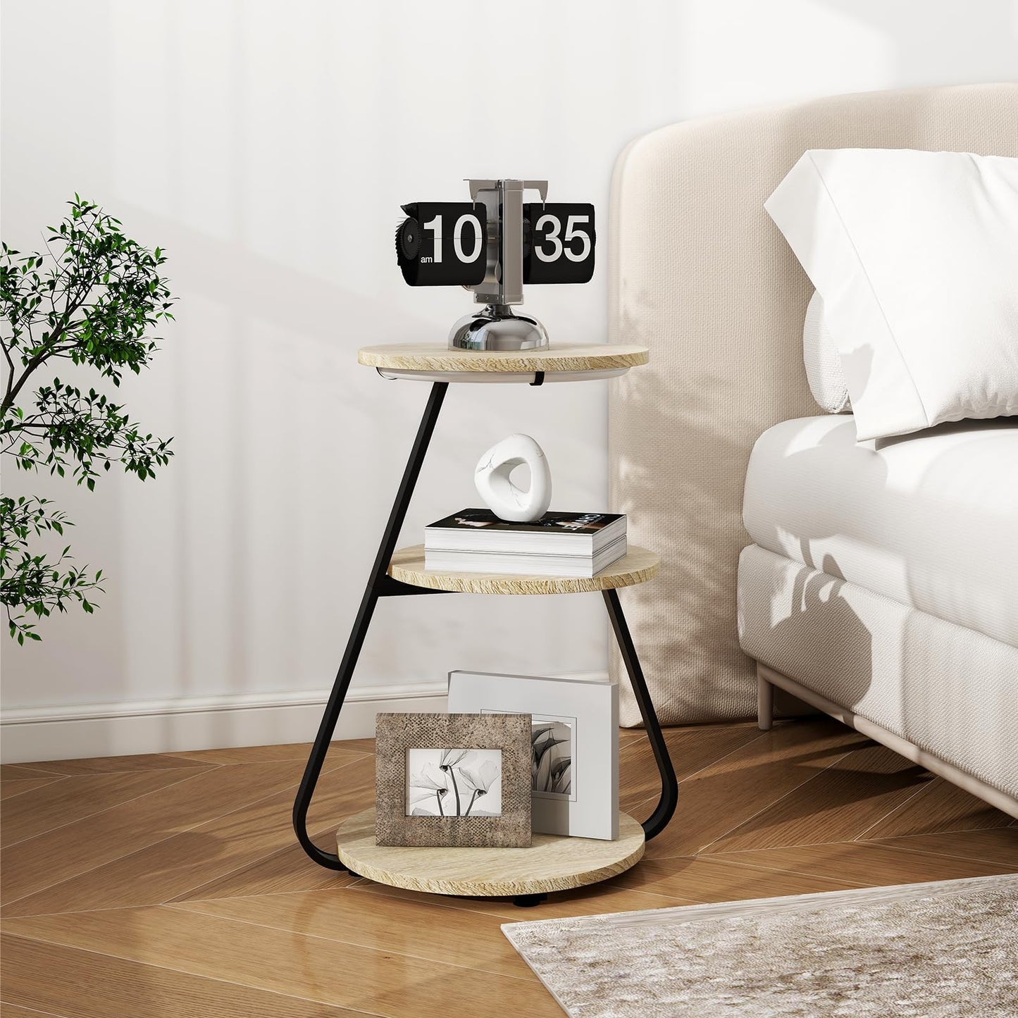 ARTETHYS Side Table, Small Round Coffee Table with 3 Color LED Lights, End Table with 3 Tier Storage Shelves, Bedside Sofa Side Tables for Living Room Bedroom, Rustic Brown
