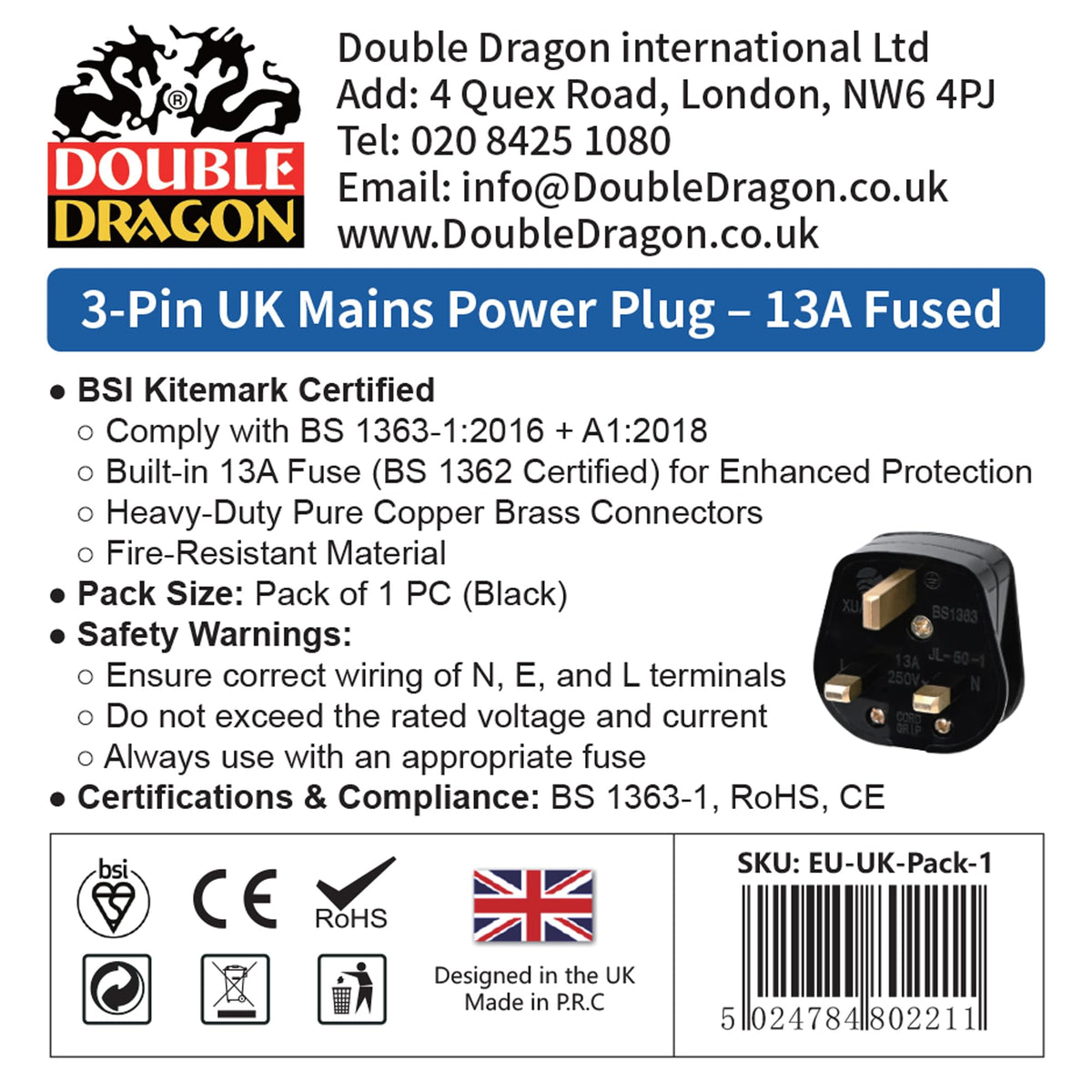 Double Dragon 13 Amp UK 3-Pin Plug | Heavy-Duty Rewireable Electrical Plug | Durable & Safe PC Flame Retardant Material | BS1363 & BSI Certified | Cord Grip for Secure Wiring (Pack of 2, Black)