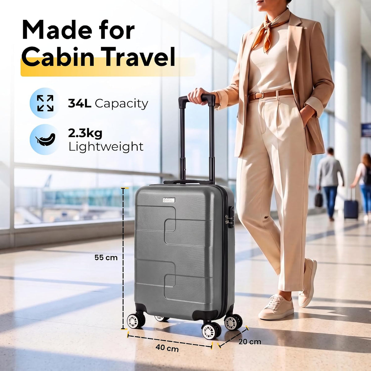 WORLD EXPLORER Cabin Suitcase 55x40x20cm, 34L Carry-On Cabin Bag, Dark Grey