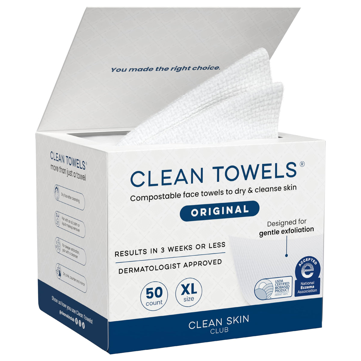 Clean Towels XL®, 100% USDA Biobased Face Towel, Disposable Face Towelette, Eczema Association Accepted, Makeup Remover Dry Wipes, Ultra Soft, 50 ct per pack, 3 Packs, 150 Ct Total