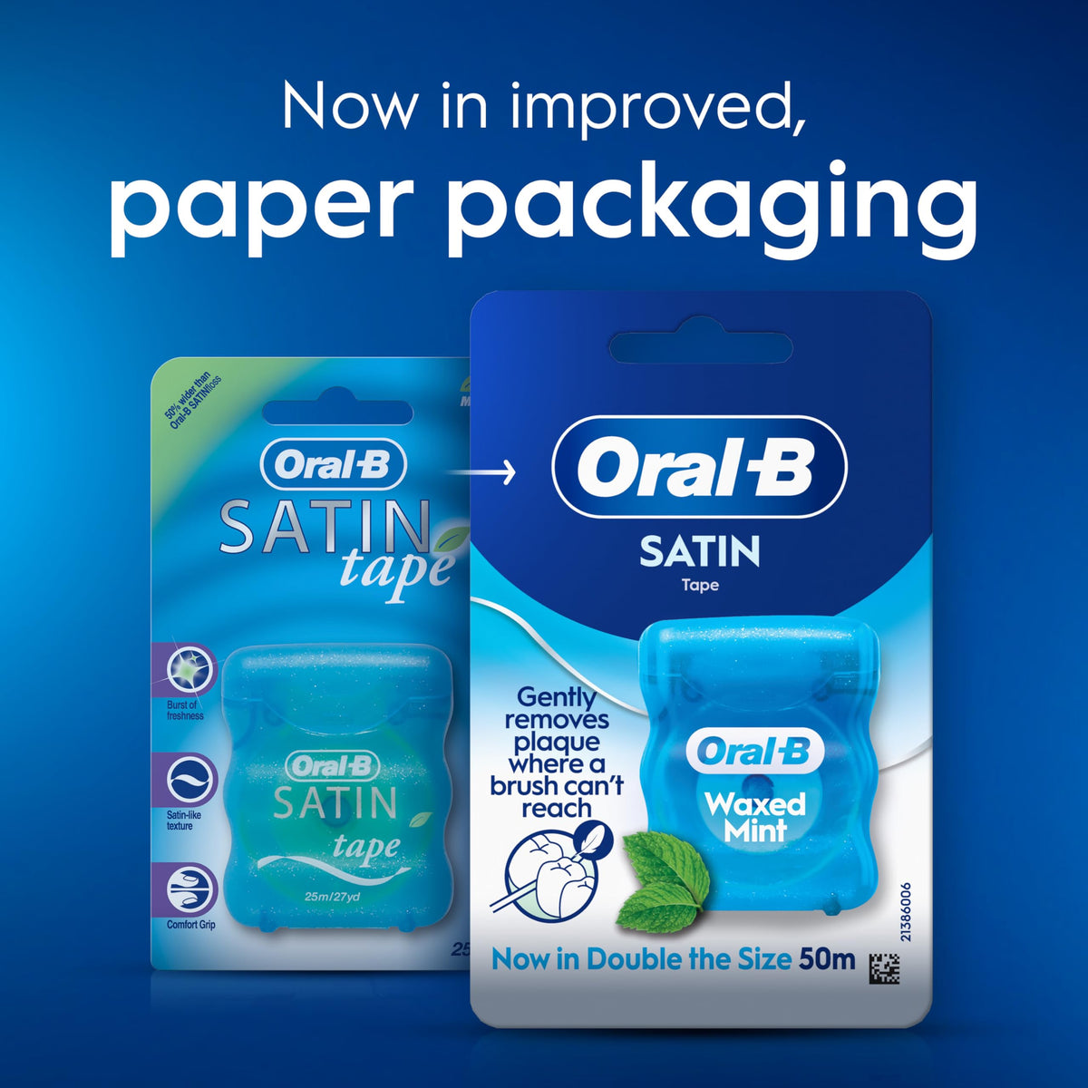 Oral-B Satin Tape Floss, Removes Plaque, Waxed Dental Floss for Tight Spaces, for a Fresh, Clean Feeling, Mint Flavour 50m Roll,2 Count