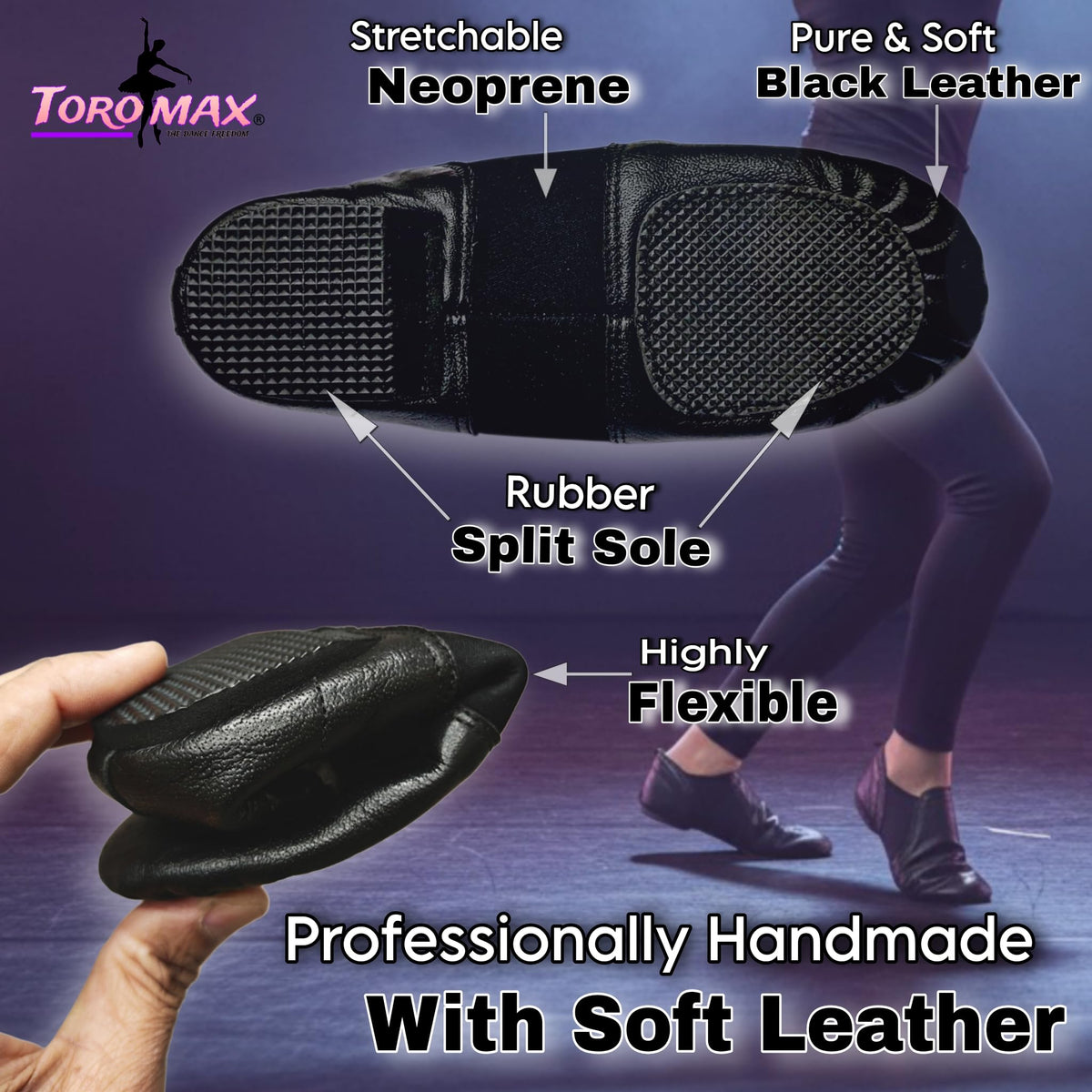 Slip On Jazz Dance Shoes - Black Leather - Modern Stage Rubber Heel Split Sole – Neoprene - Irish Dancing Pumps for Kids, Girls & Children