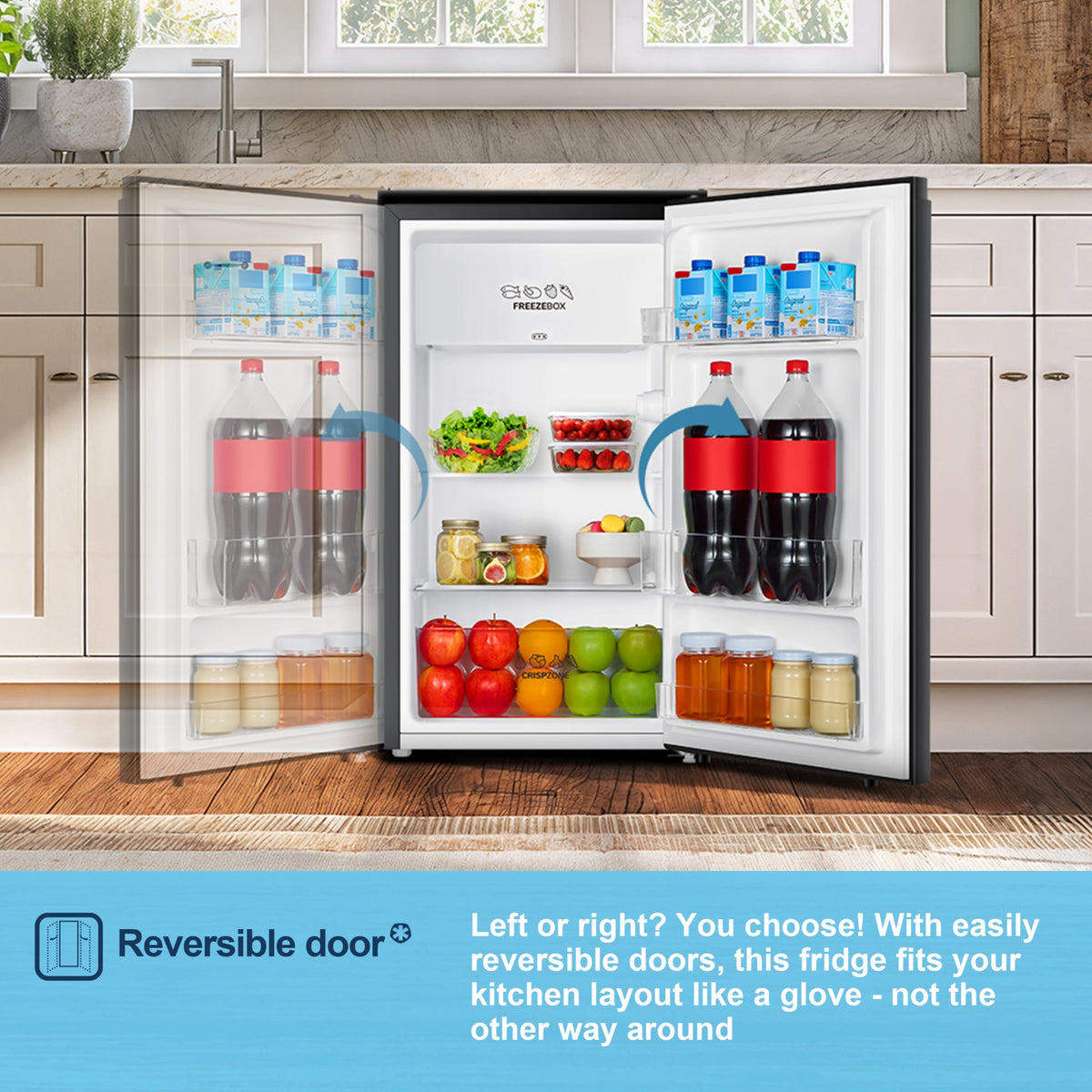 Fridgemaster 45L Table Top Mini Fridge MUR4545, 45cm Compact Refrigerator with Adjustable Thermostat, Reversible Door, 39dB Low Noise, White, Energy Class E