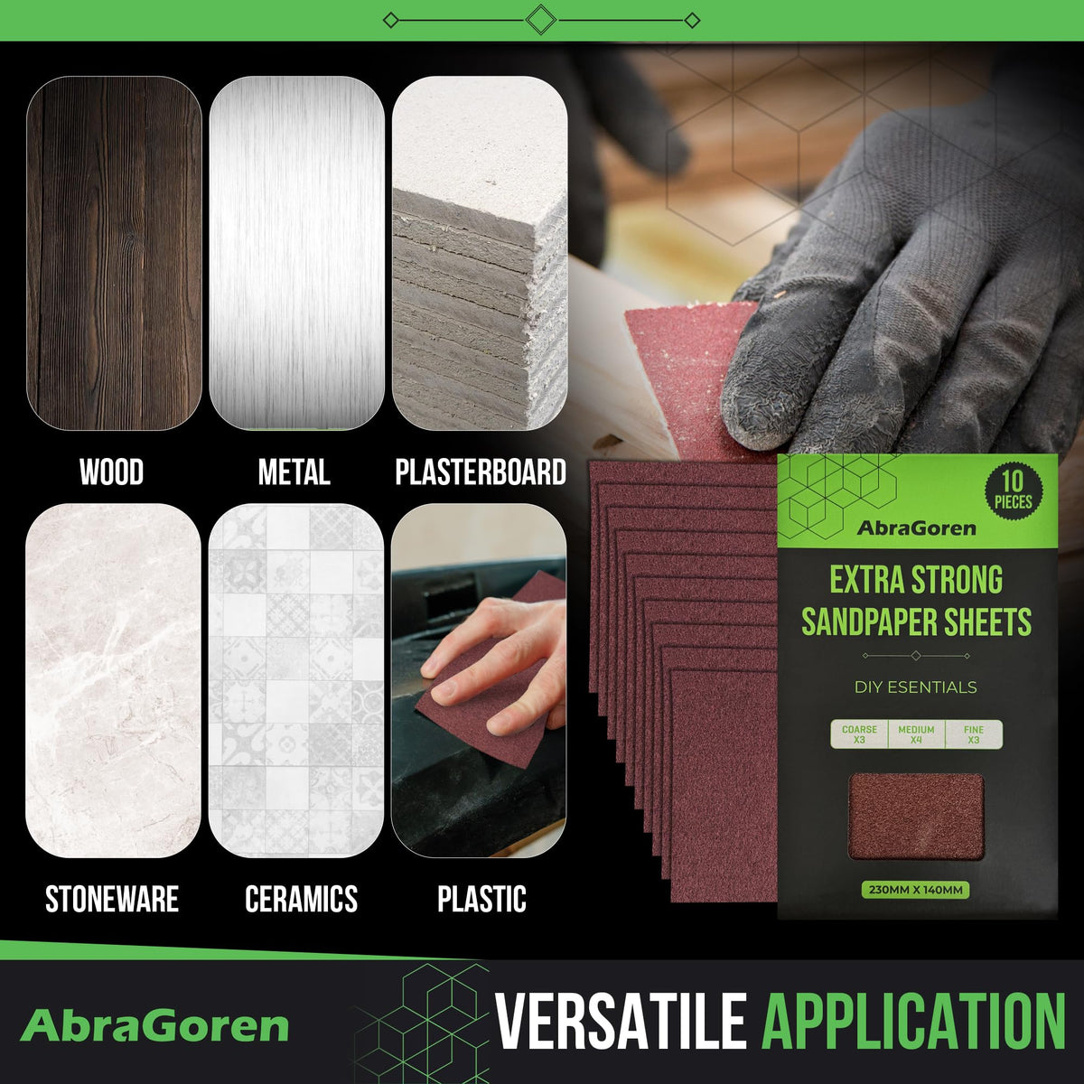 Pack of 10 Sand Paper Sheets - Mixed Grits, 3x Fine, 4x Medium, 3x Coarse - Assorted Sandpaper for Wood and Walls (Premium)