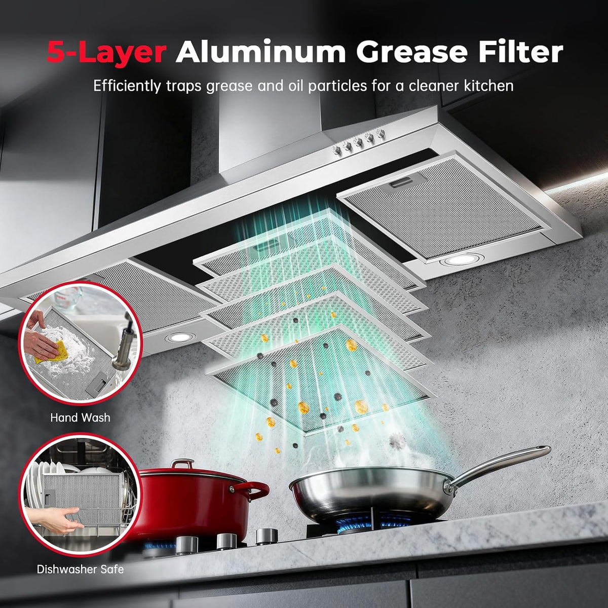 SNDOAS Chimney Cooker Hood 90cm, 3-Speed, Recirculating & Ducting