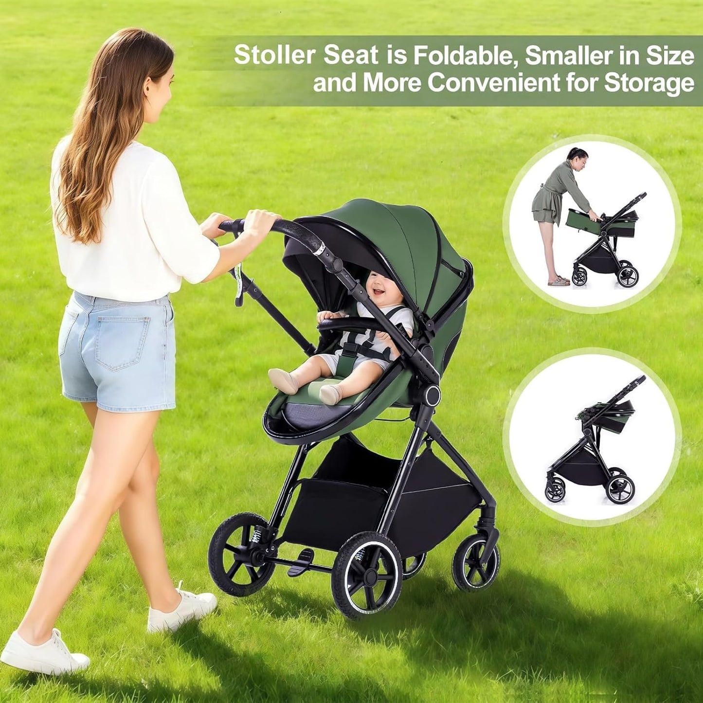 Gcarebb 3 in 1 Prams Travel System, Pushchair with Height Adjustable Handle, Travel Pram with Rain Cover, Baby Stroller with Aluminum Frame for Newborn