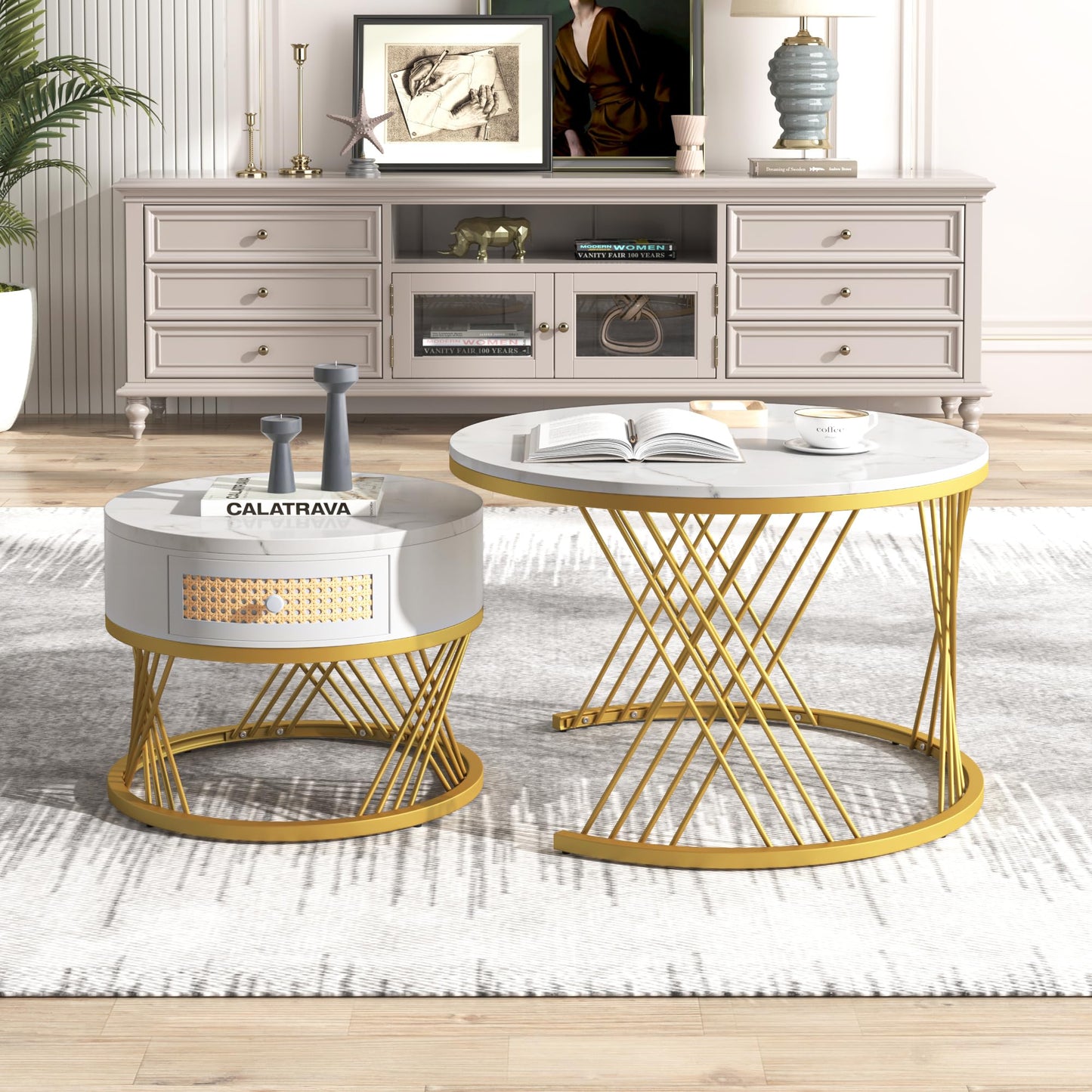 ModernLuxe 2-in-1 Coffee Table, Multi-functional Side Table with Marble Grain Veneer Top, Rattan Drawers, Solid Wood Handles, Gold Coloured Iron Legs, Round Nest of Tables for Living Room, Black