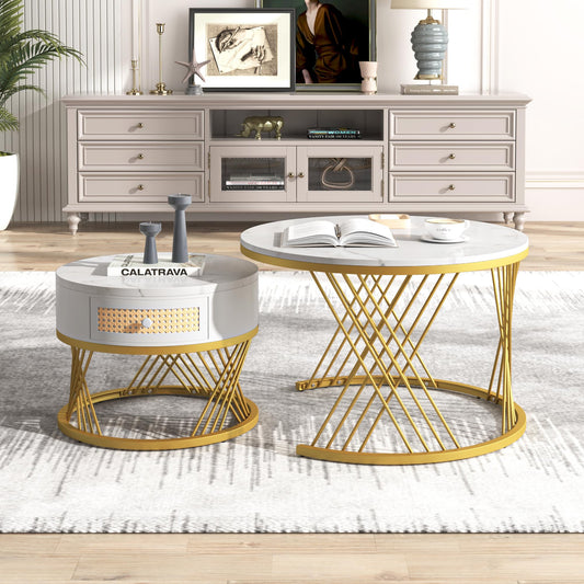 ModernLuxe 2-in-1 Coffee Table, Multi-functional Side Table with Marble Grain Veneer Top, Rattan Drawers, Solid Wood Handles, Gold Coloured Iron Legs, Round Nest of Tables for Living Room, Black