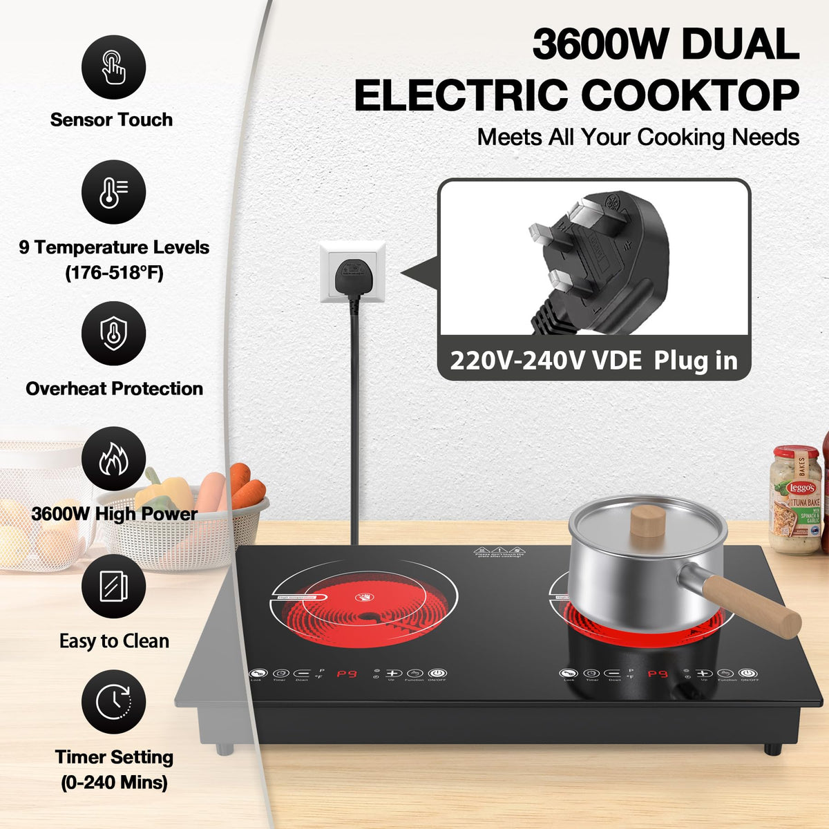 VBGK Portable Ceramic Hob, 2000W Portable Electric Hob, Electric Ceramic Hob, Single Cooking Zone with LED Display, 4-Hours Timer, Safety Lock, Residual Heat Indicator