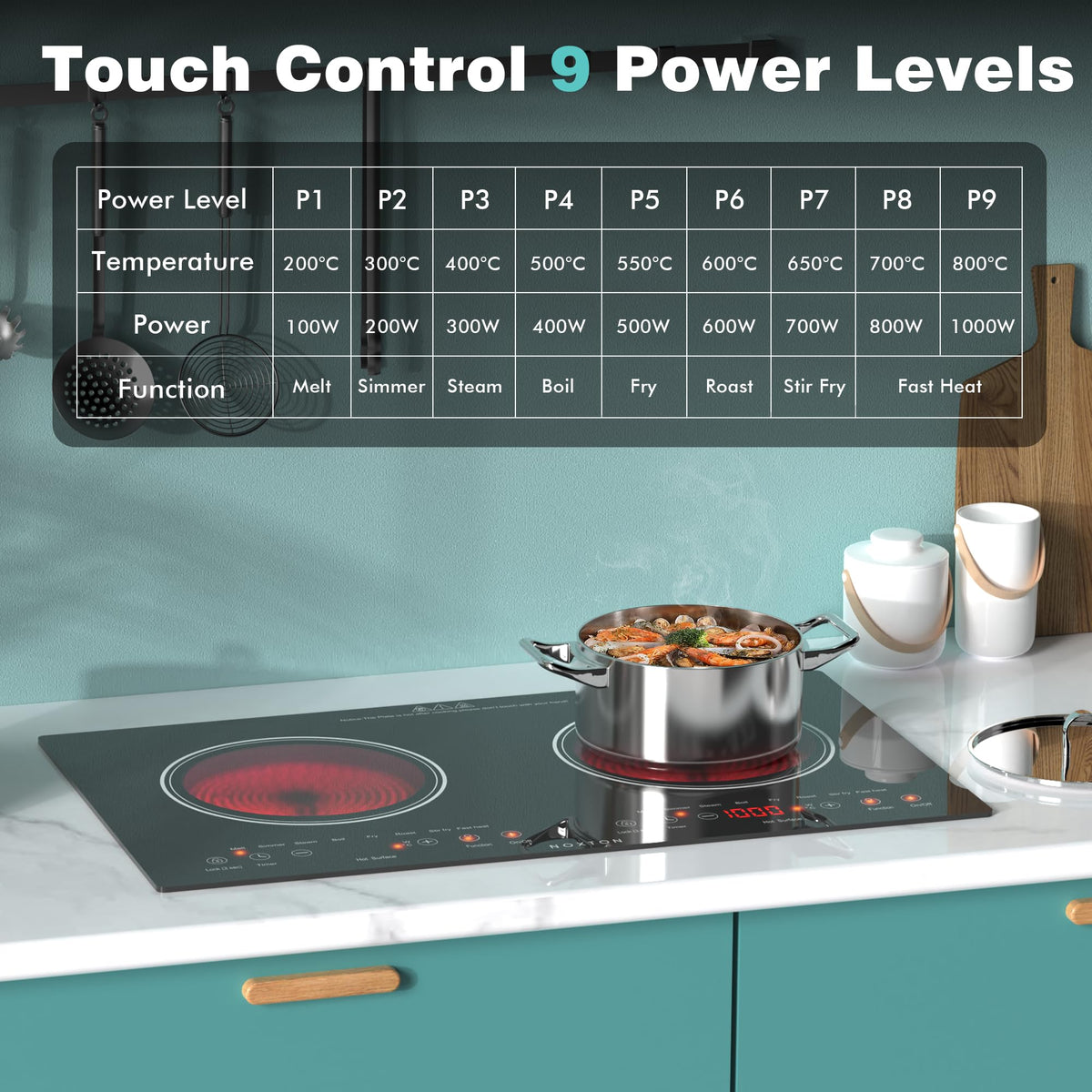Noxton 2 Zone Ceramic Hob 30cm Electric Hob with Timer, Safe Lock, Pause Coutertop Use Hob with 13AMP Plug 2800W