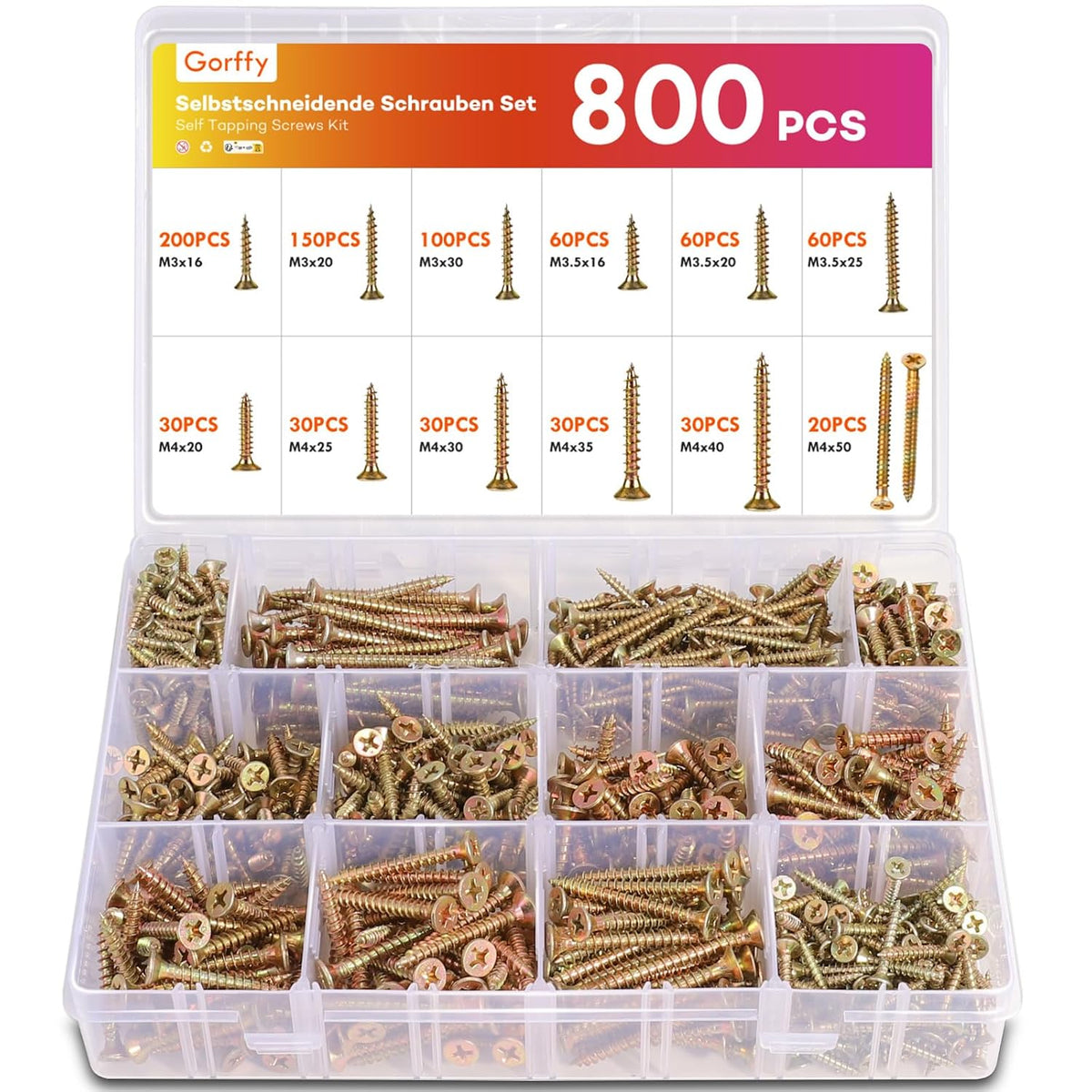Wood Screws 800PCS Assortment, Countersunk Self Tapping Screws