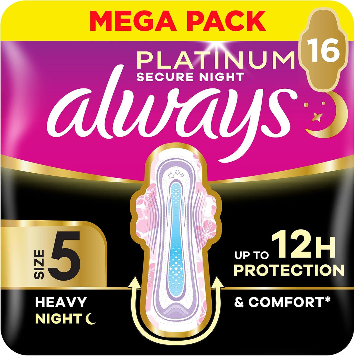 Always Platinum Secure Night Extra (Size 5) Sanitary Towels with Wings 16 Pads