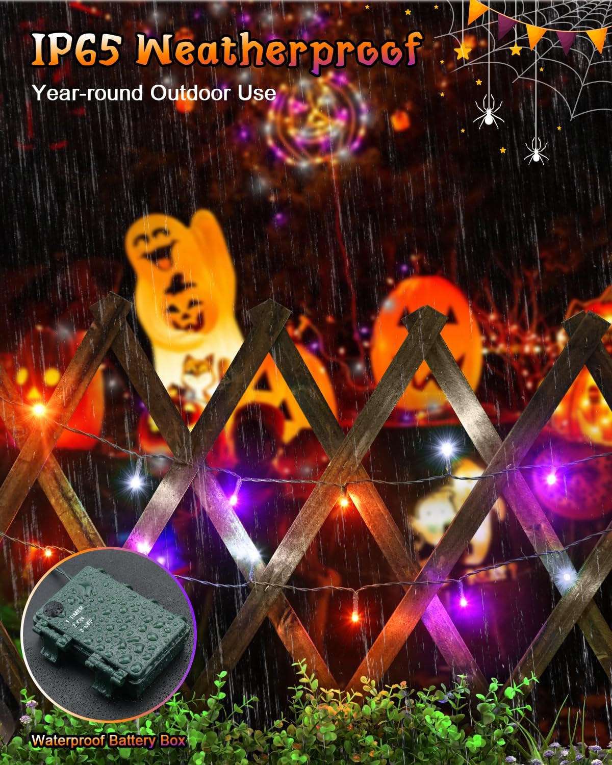 Dalugo Halloween Decoration Lights, 5M 50 LED Orange Purple White Fairy Lights with Timer, IP65 Waterproof Battery Powered Lights for Indoor Outdoor Autumn Halloween Decorations(Green Wire)