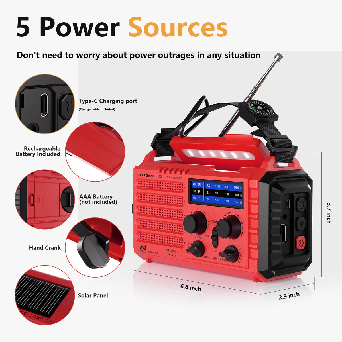 Mesqool Wind Up Radio Solar Powered, 5000mAh Emergency Hand Crank AM FM Radio with Flashlight, Reading Lamp, USB Phone Charger, SOS Alarm and Compass