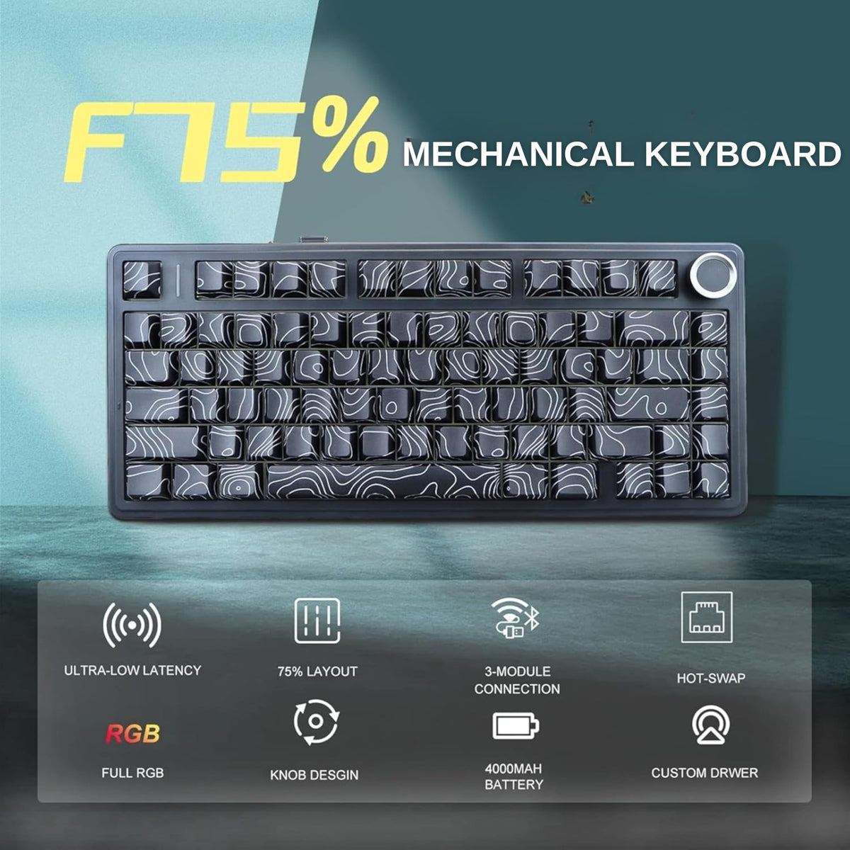 AULA F75 75% Wireless Mechanical Keyboard,2.4Ghz/Type-C/BT5.0 Gaming Keyboards,Advanced Structure,RGB Backlight,Hot Swappable Custom Keyboard for PC/Mac (Cool Black)