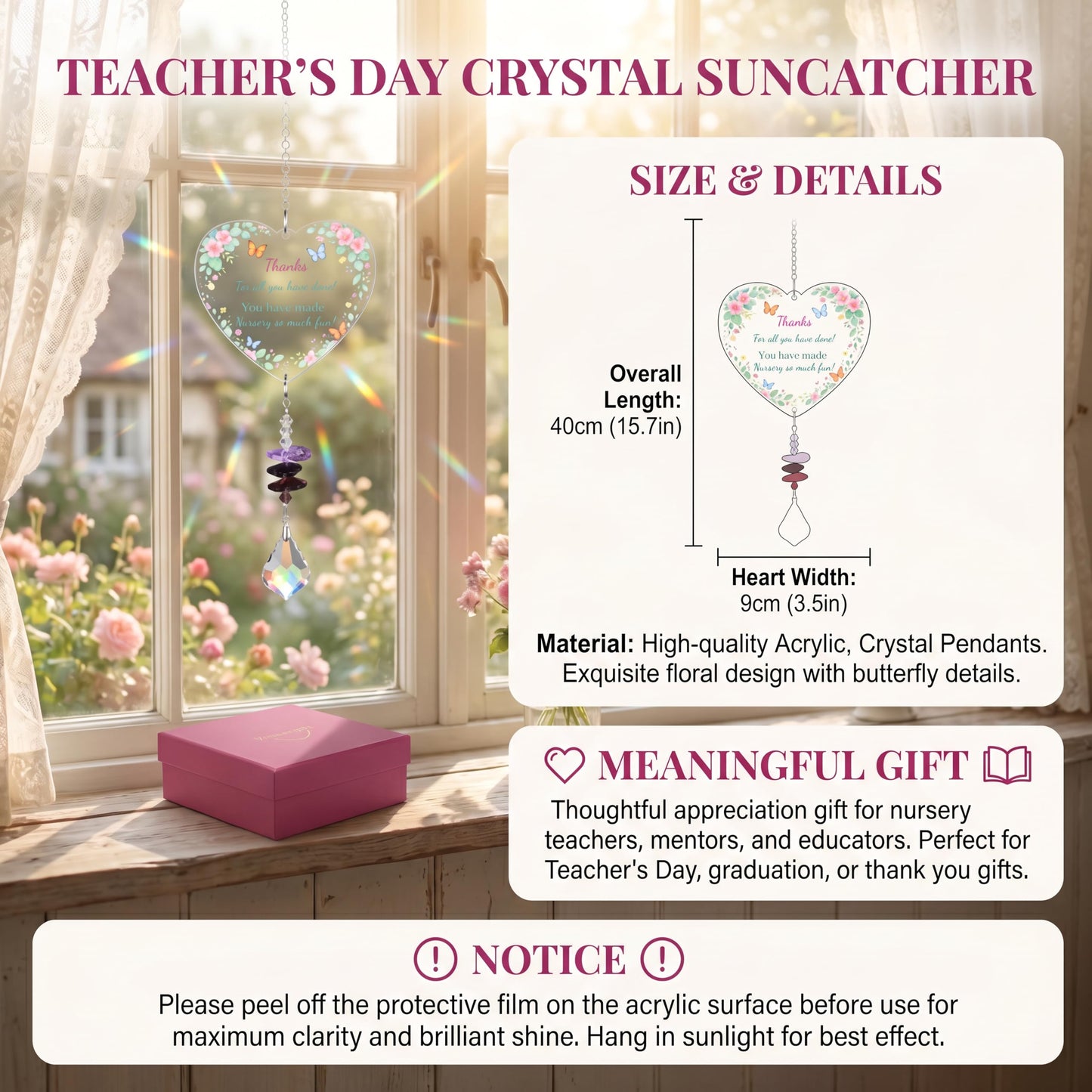 Teacher Gifts for Women Thank You Teachers Crystal Suncatcher Ornaments Teachers Day Graduation Retirement Christmas Birthday Appreciation Gift (Thanks)