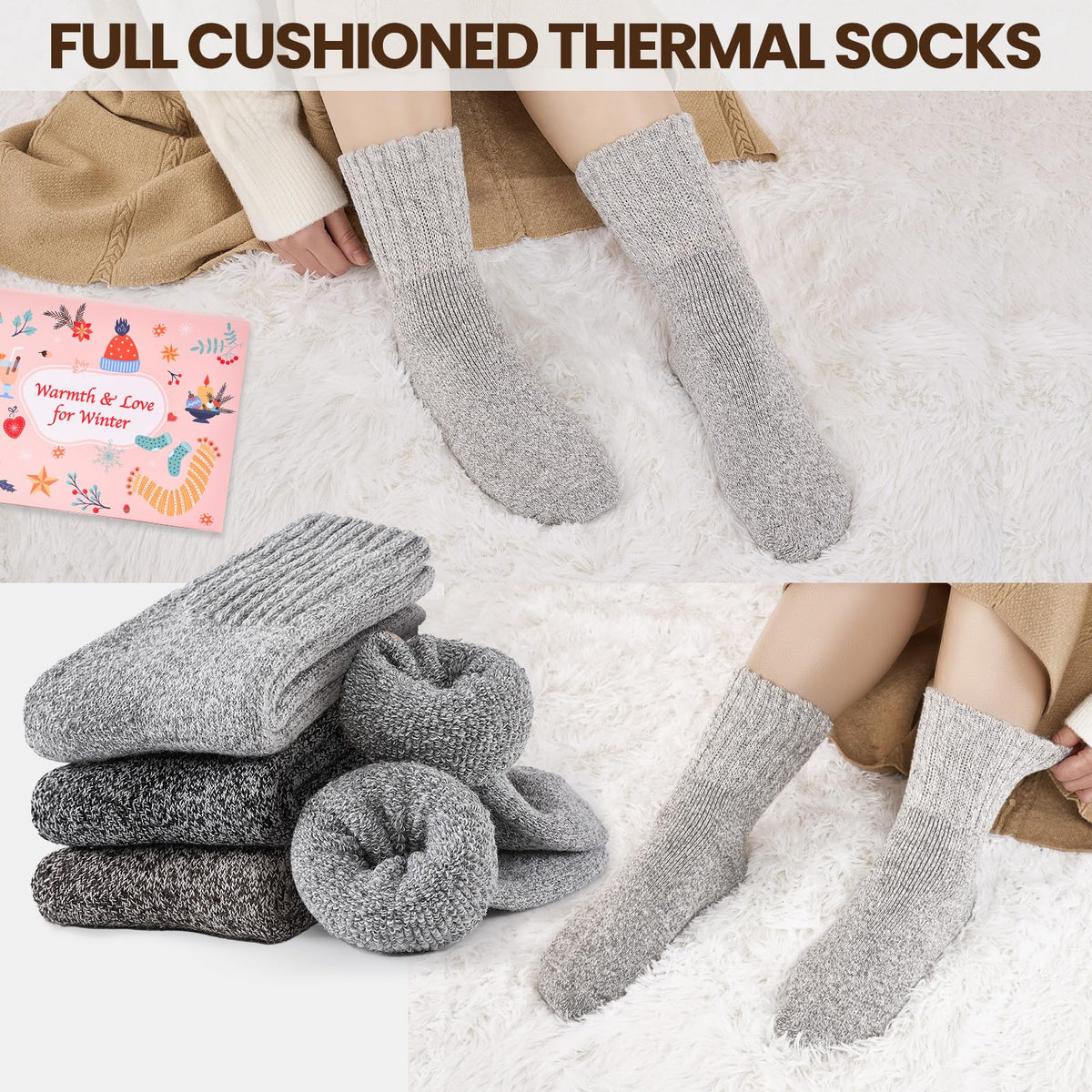 Niorasen Women's Thermal Socks, 3 Pairs Full Cushioned, Cosy Gift Winter
