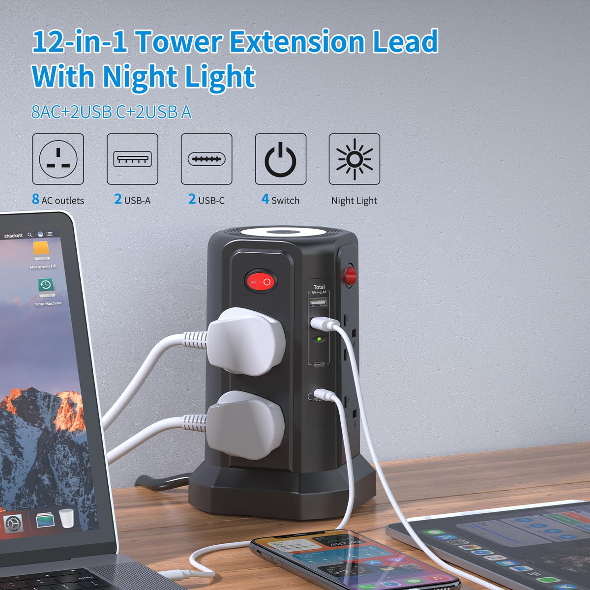 HAFINO Tower Extension Lead 3M with USB Slots and Night Light, 4 Switches
