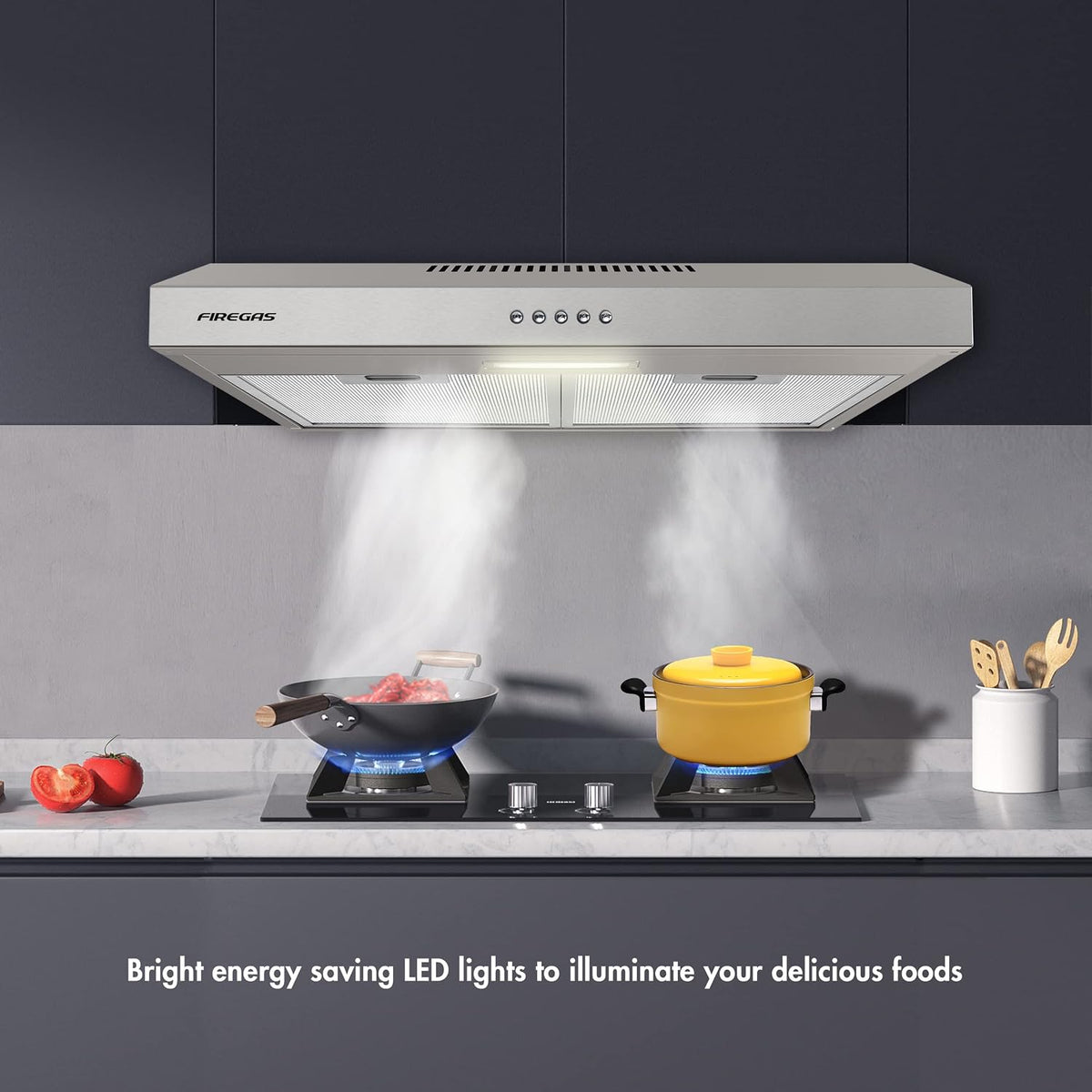 FIREGAS 60cm Visor Cooker Hood, Black Under Cabinet Range Hood, Top Vented