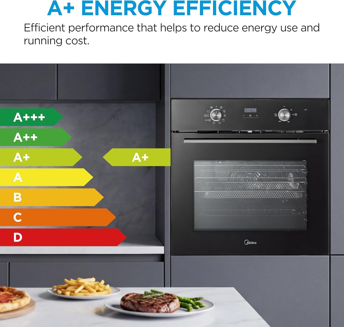 Midea 71L, 60cm Wide, Single Electric Built-in Fan Oven with Air Fry, 12 Oven Functions, Aqua Clean, LED Display, Convection, ECO, MultiLevel Cooking, Color Black - MBO65M90D2-BK