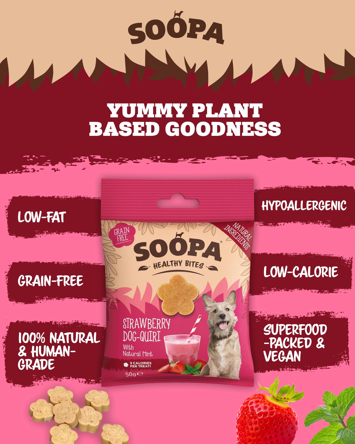 Soopa Strawberry Dog-Quiri Healthy Bites, Dog Training Treats, 50 g, 1-Pack