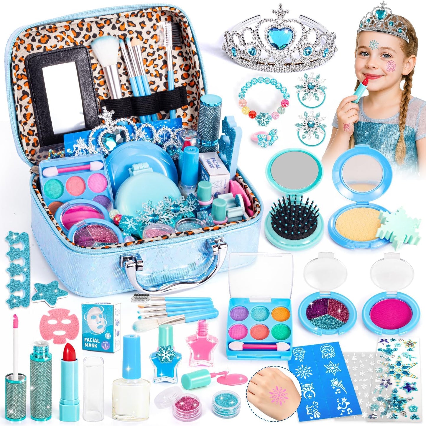 Hohosunlar Kids Makeup Sets for Girls, Washable Makeup Kit Girl Toys, Safe Pretend Play Princess Toys Make Up Set with Water-Base Peel-off Nail Polish Christmas Birthday Gift for Toddlers Ages 4-12