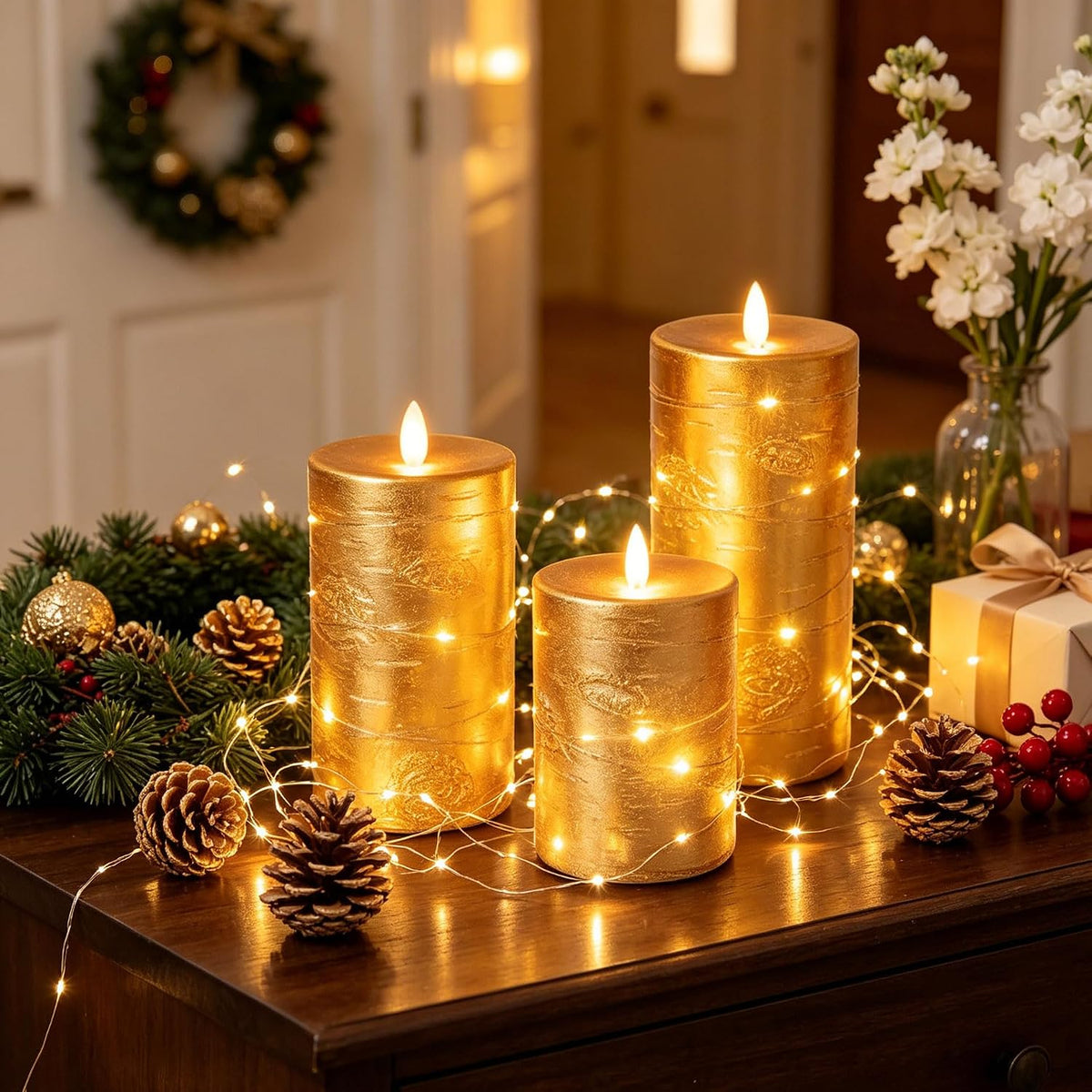 Da by 3 Pack Ivory Flameless LED Candles with Fairy Lights, Realistic Moving Flame Paraffin Wax Candles, Remote Control, Soft Warm Light, 8cm D x 12.5/14.5/16.5cm H, Indoor Wedding Home Decor