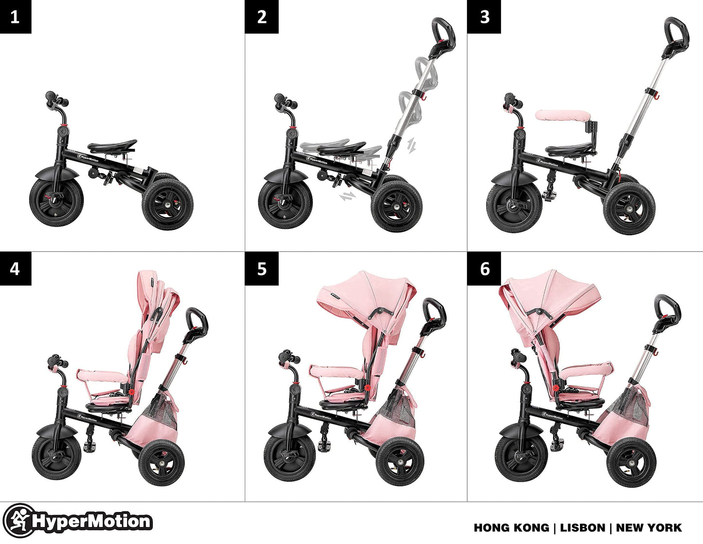 HyperMotion Toddler Tricycle with Parent Handle, Canopy, Safety Belt & Basket — From 12 Months
