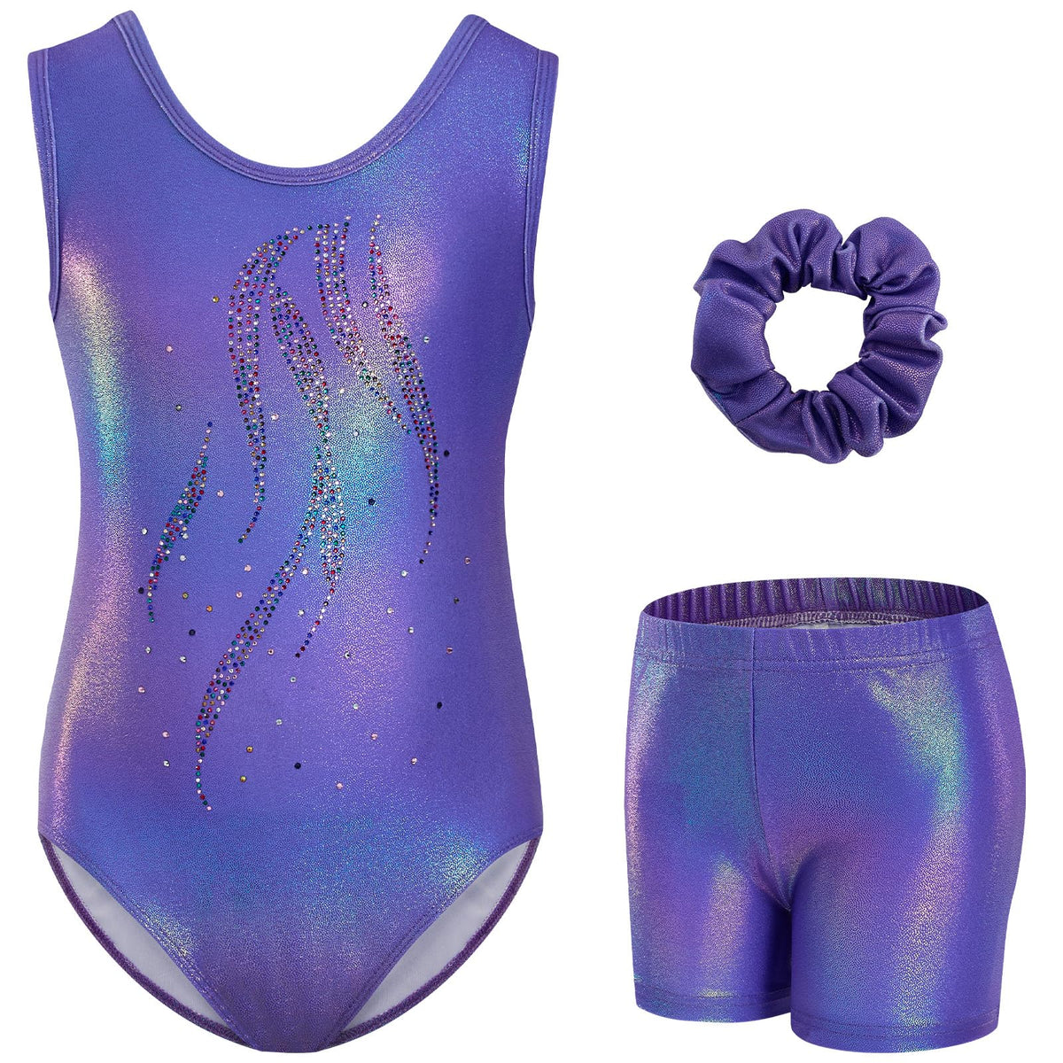 Gogokids Girls' Three-Piece Gymnastics Set, Sleeveless Leotards with Shorts and Hairband, Sparkling Ballet Dancing Unitards - Gymnastics Outfit with Gradient Color Design for 3-12 Years