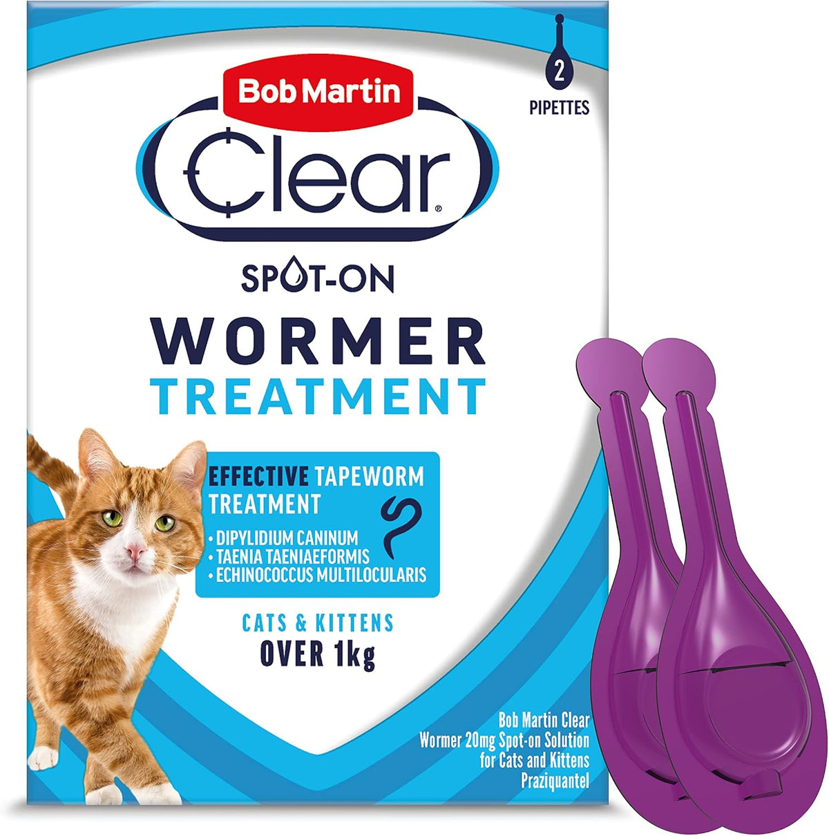 Bob Martin Clear | Spot On Wormer for Cats & Kittens | 100% Effective Tapeworm Treatment (2 Pipettes)