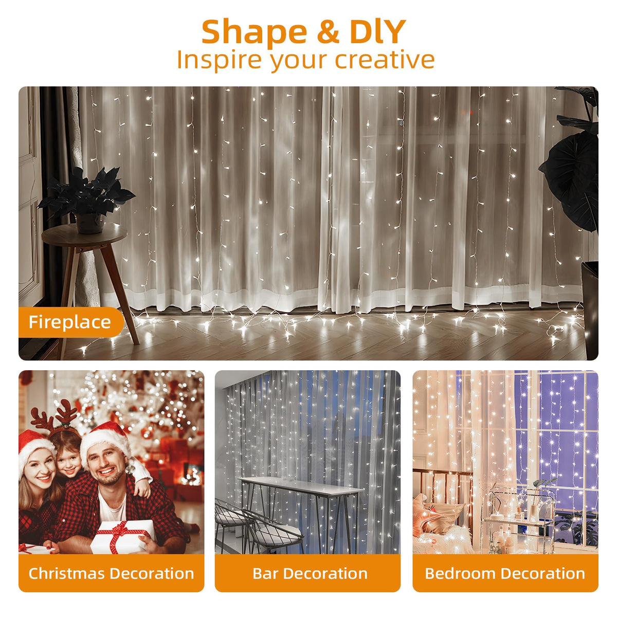 Jsdoin Curtain Fairy Lights, 3.6m x 3m 360leds USB Operated 8 Modes String Light Indoor Waterproof Hanging Window Lights with Hooks for Christmas, Wedding, Party,Wall, Home Decorations (Warm White)