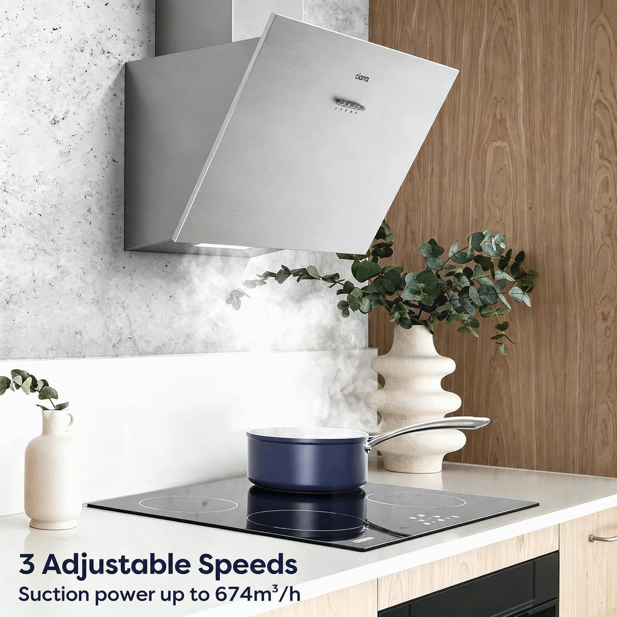 CIARRA CBCB6736C Angled Cooker Hood 60cm with CBCF002X2 Carbon Filters Recirculating & Ducting LED Lights Black Painting&Tempered Glass Wall Mounted Range Hood 600mm Kitchen Extractor Fan