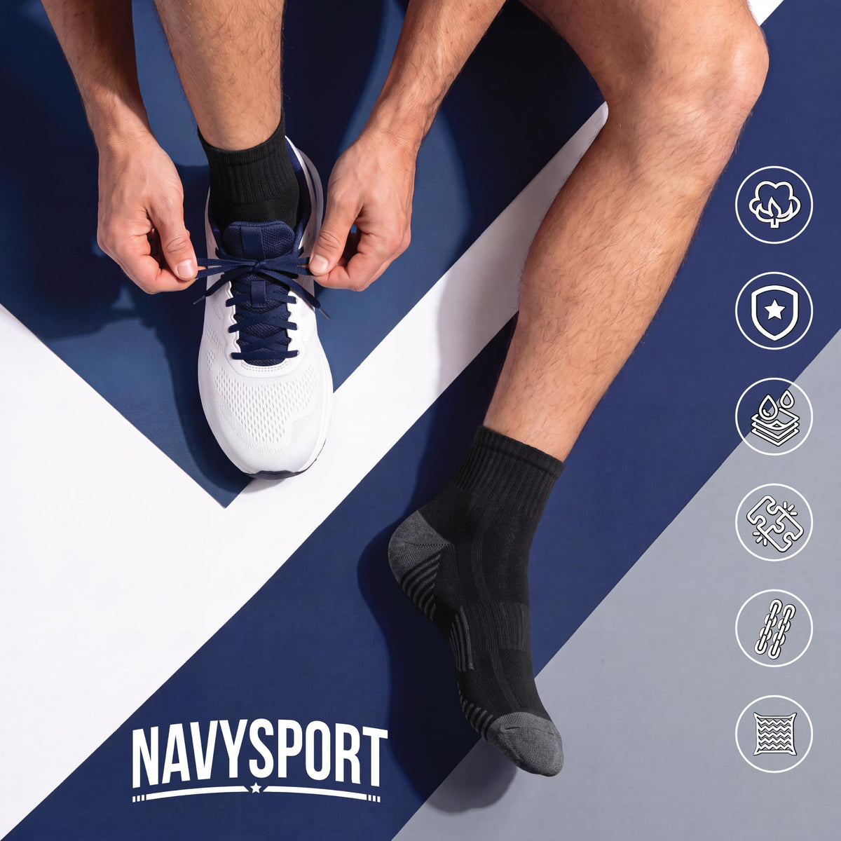 NAVYSPORT Men's Cotton Sports Socks, Pack of 6 Pairs