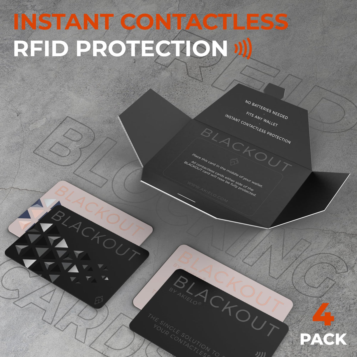 AKIELO Blackout RFID Blocking Card (4 Pack) – Ultra Thin Anti Theft Credit Card Protector – Ultimate Bank Card Blocker for Contactless Cards and Wallet Protection (Black Edition - 4 Pack)