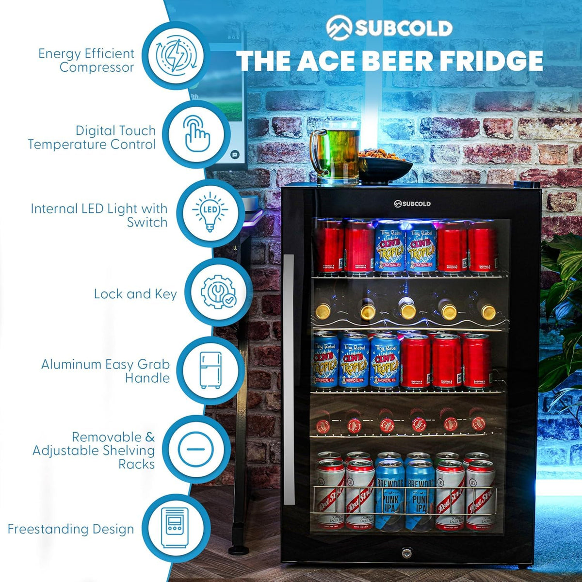 Subcold Ace90 LED Touch Control Beer Fridge With Glass Door | Premium Drinks & Wine Fridge | Black Alu Handle, Auto Defrost, Lockable | 91 Cans | Ideal for Home Bar Undercounter
