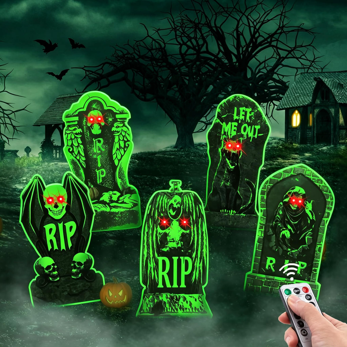 10 Pack Halloween Yard Signs, Fluorescent Skeleton Hands and Tombstones