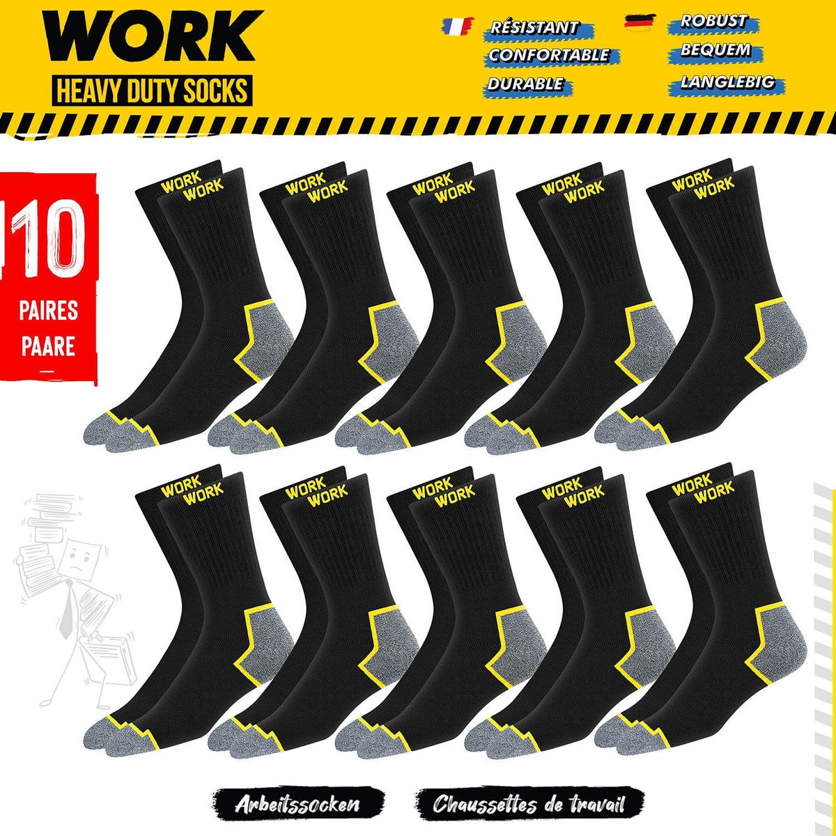 SOXCO 10 Pairs Men’s Work Socks, Black Crew Length | DRI-WIK Moisture Management Technology | Super Soft Cushioned Footbed | Reinforced Heel & Toe | Dura-Stretch Elastane | Pack of 6 or 10 Pairs