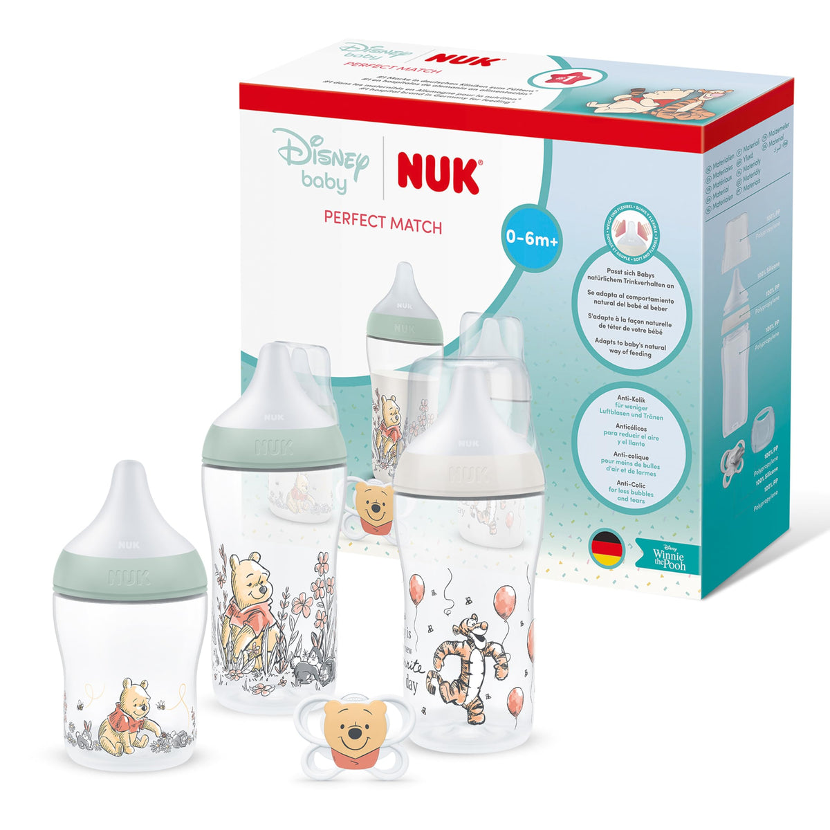 NUK Perfect Match Newborn Baby Bottle Set | 0+ Months | 150ml | Anti Colic Feeding Bottle | PP | Temperature Control Indicator | Rainbow | 4 Count