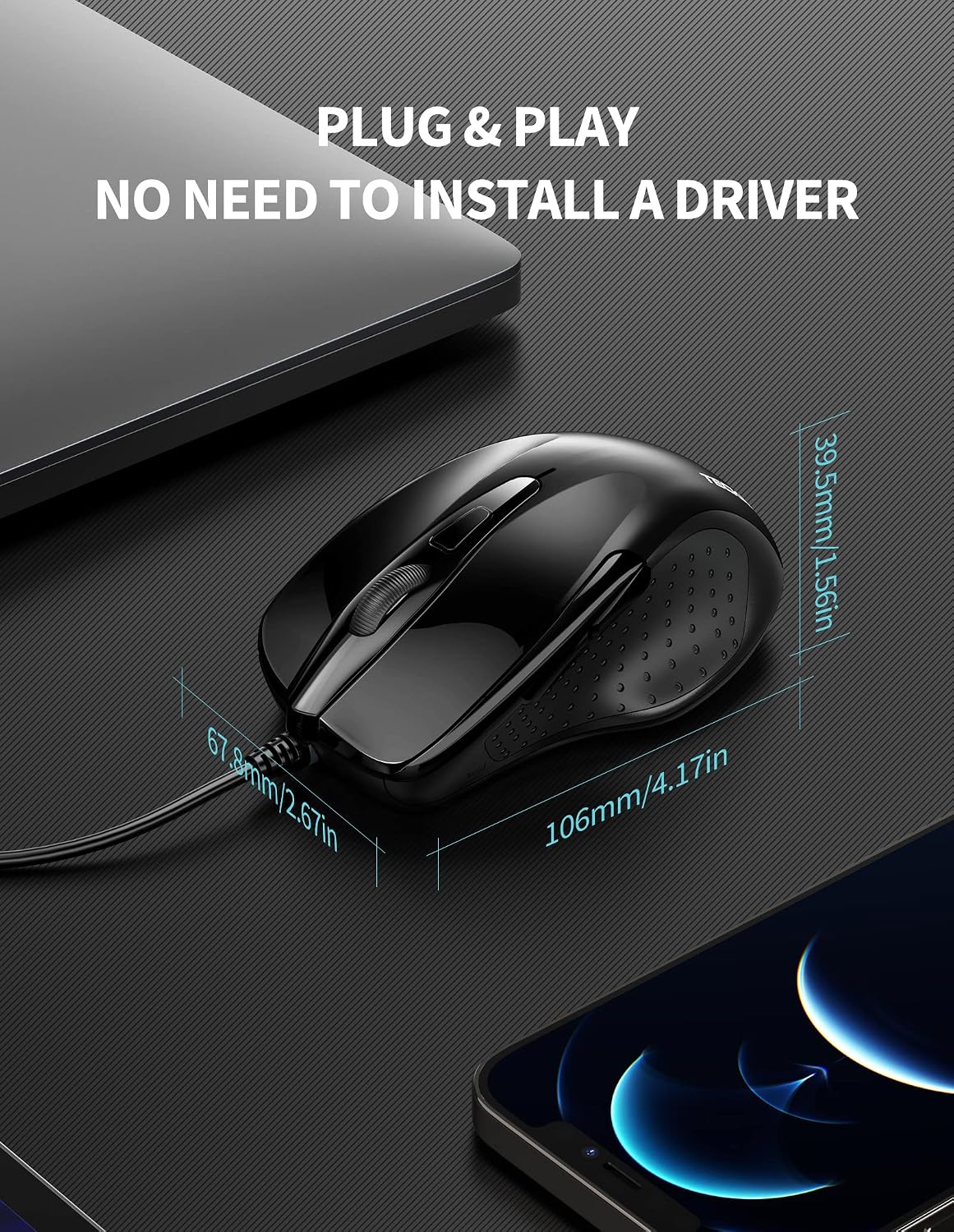 TECKNET USB Wired Mouse, 6400 DPI Mice 4 Adjustable DPI with 6-Button Corded, Optical Computer Mouse with Ergonomic Design for Laptop, Chromebook, PC, Desktop, Mac, Notebook